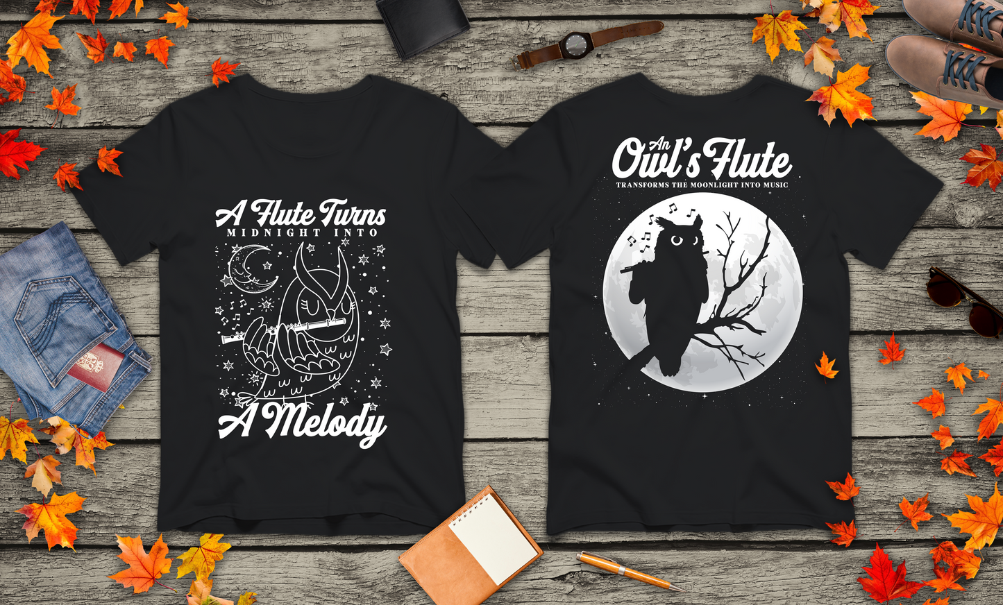 Owl Flute Midnight Melody Moonlight Music T-Shirt