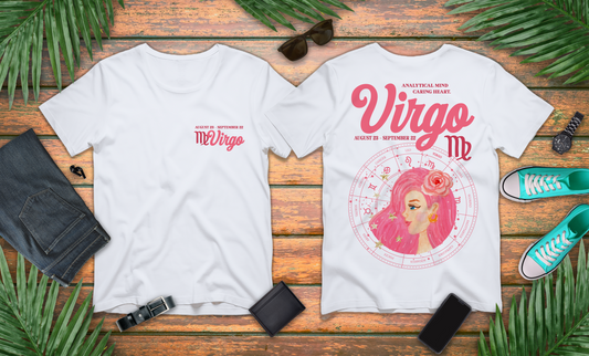 Virgo Zodiac Lady T-Shirt – Analytical Mind Caring Heart Astrological Wheel
