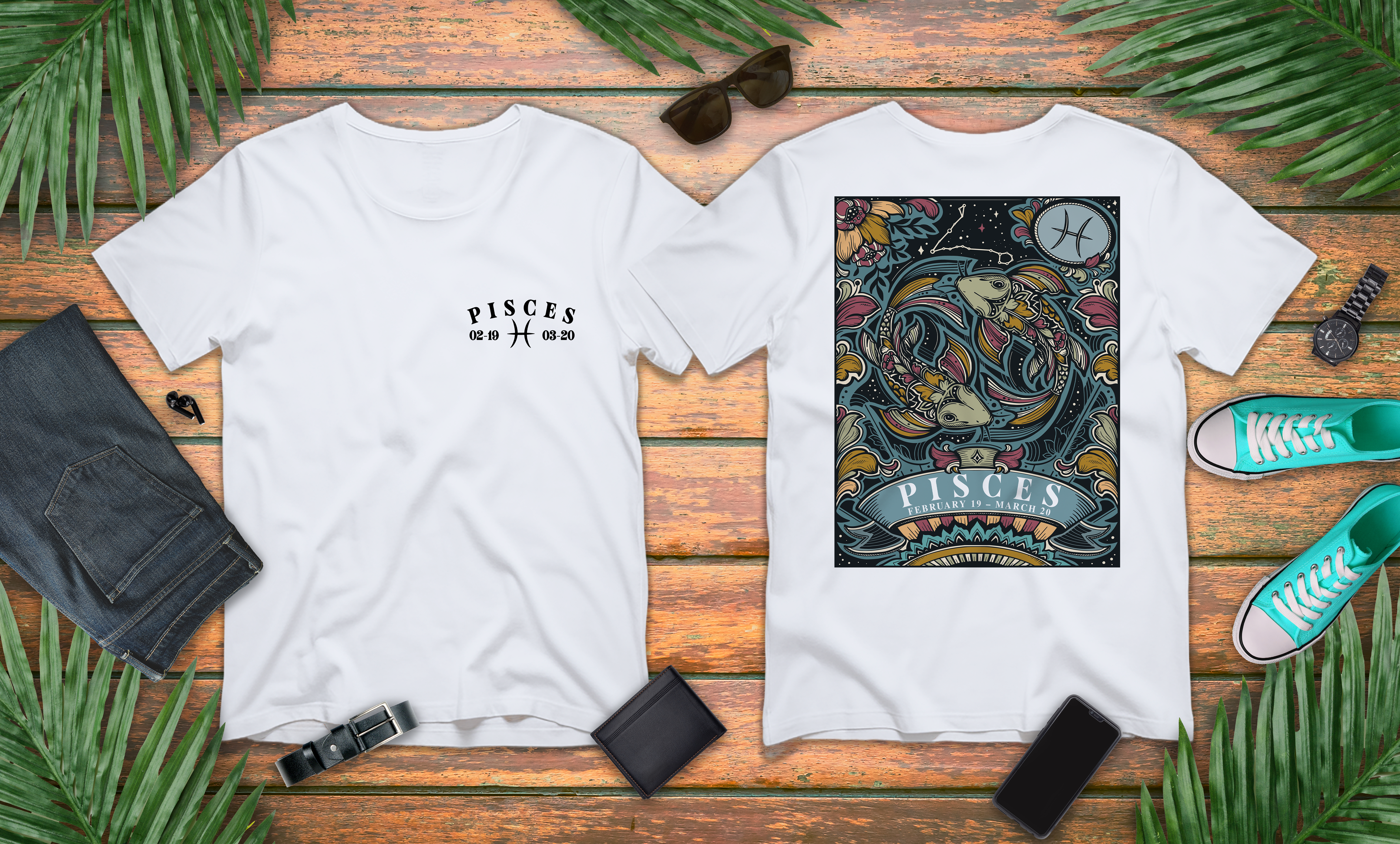 Pisces Constellation & Floral Zodiac T-Shirt – February 19 to March 20