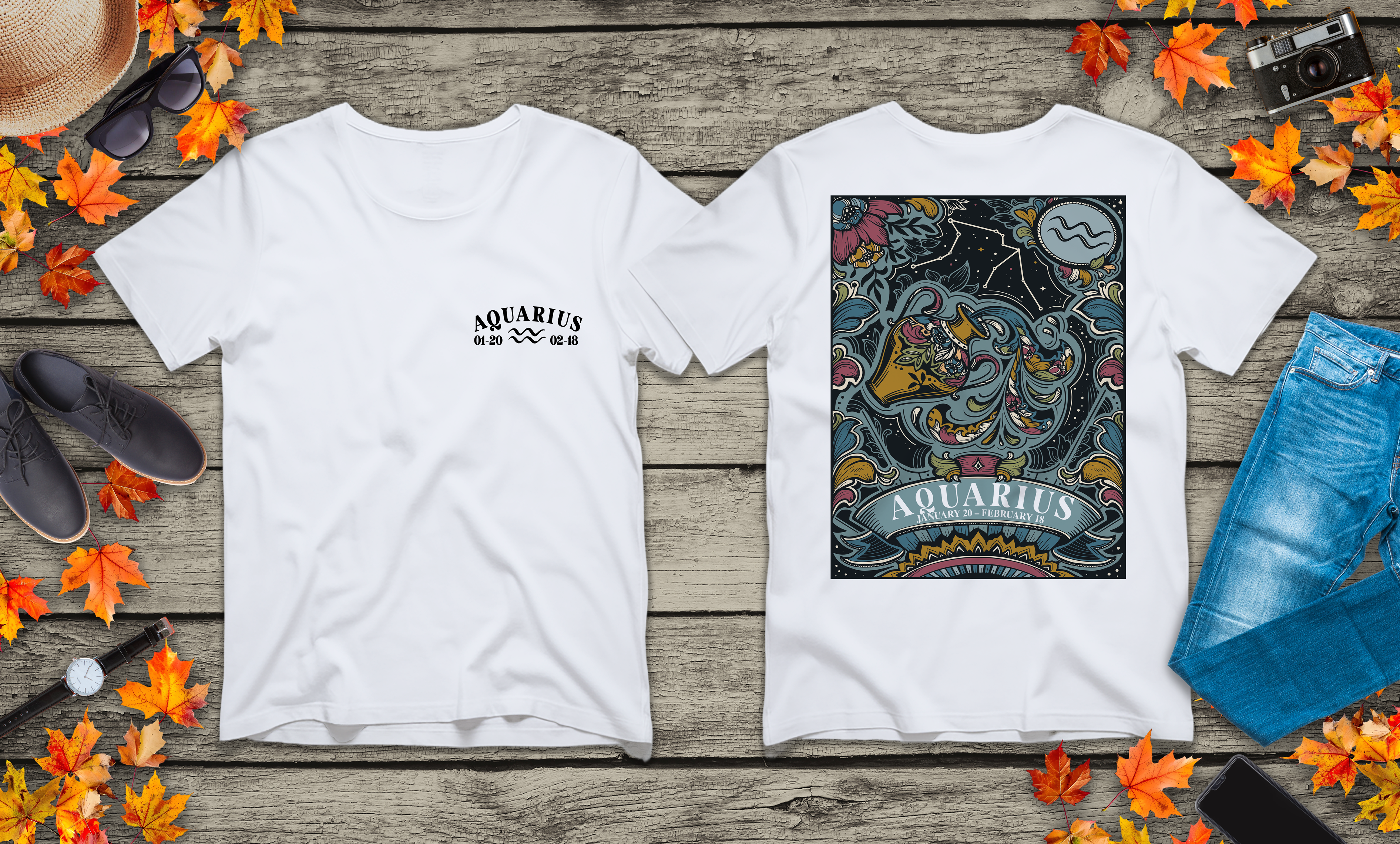 Aquarius Constellation & Floral Zodiac T-Shirt – January 20 to February 18