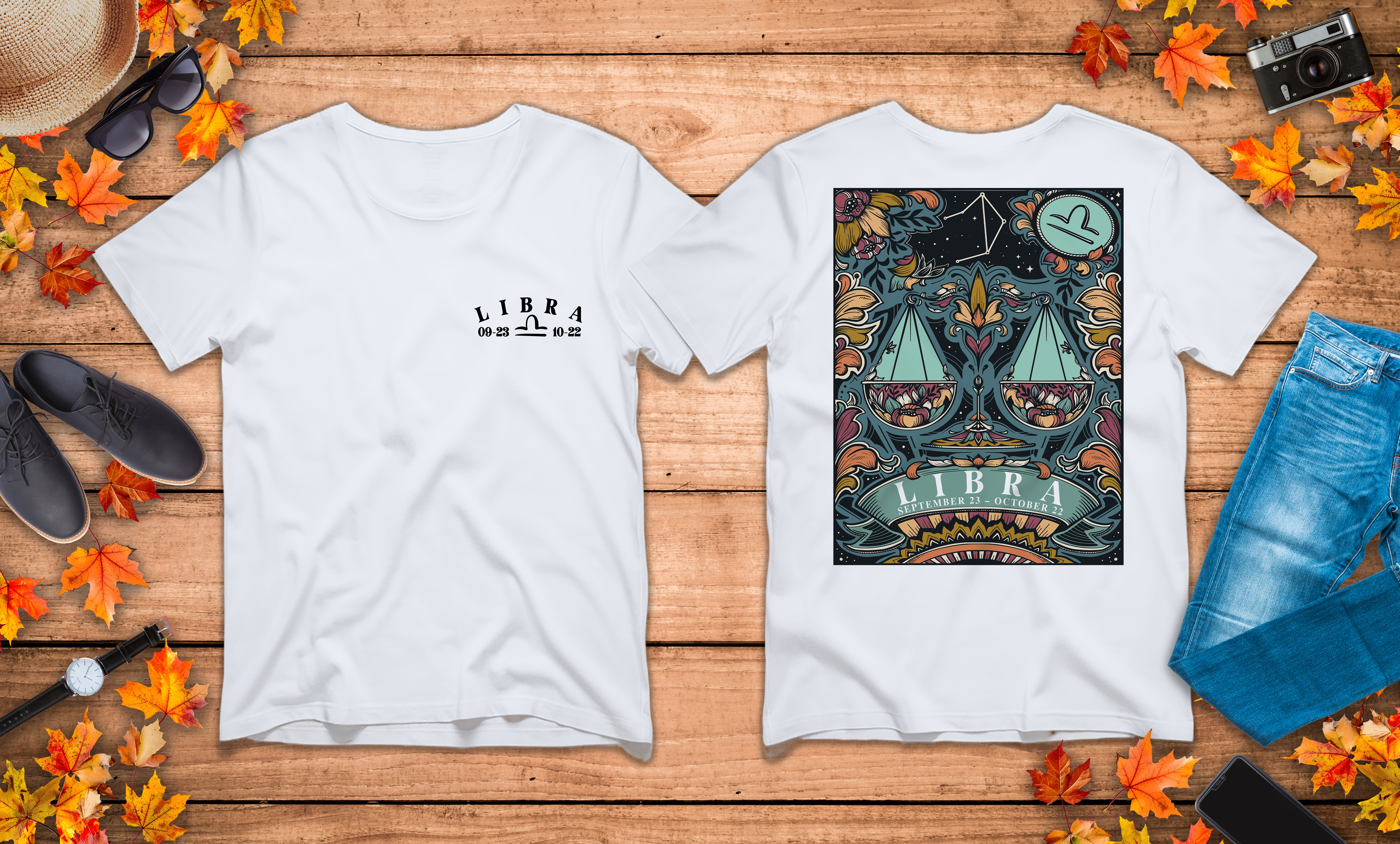 Libra Constellation & Floral Zodiac T-Shirt – September 23 to October 22