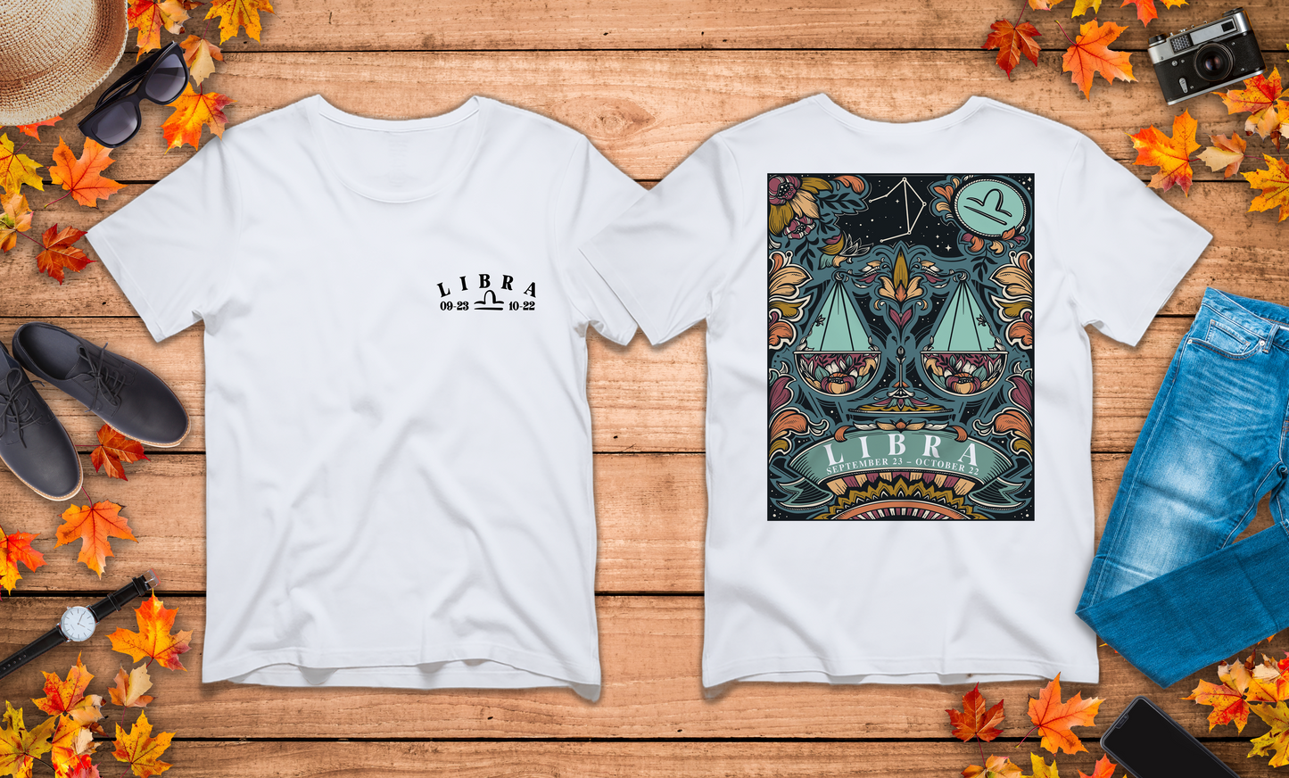 Libra Constellation & Floral Zodiac T-Shirt – September 23 to October 22