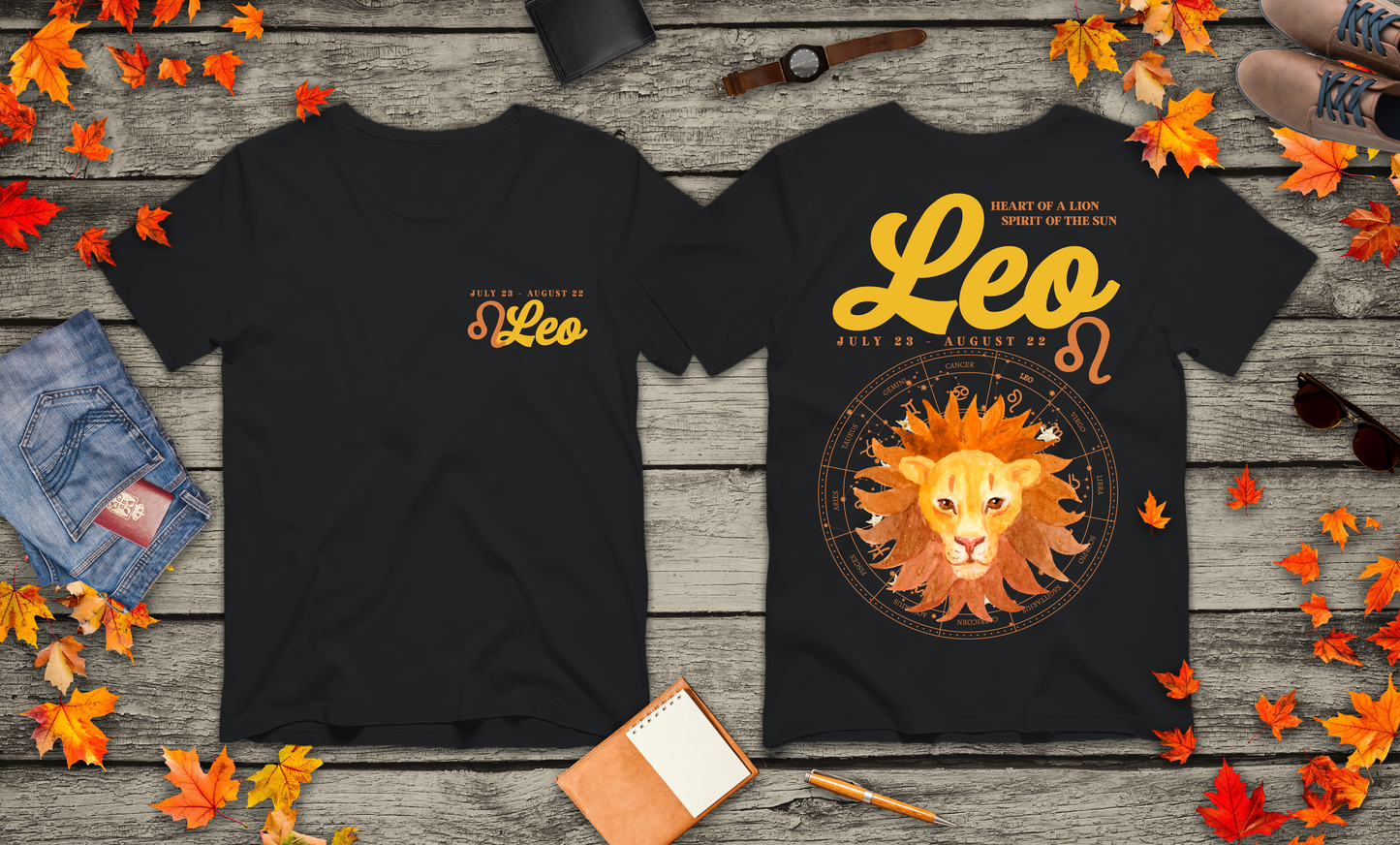 Leo Zodiac T-Shirt – Heart of the Lion, Spirit of the Sun Astrological wheel