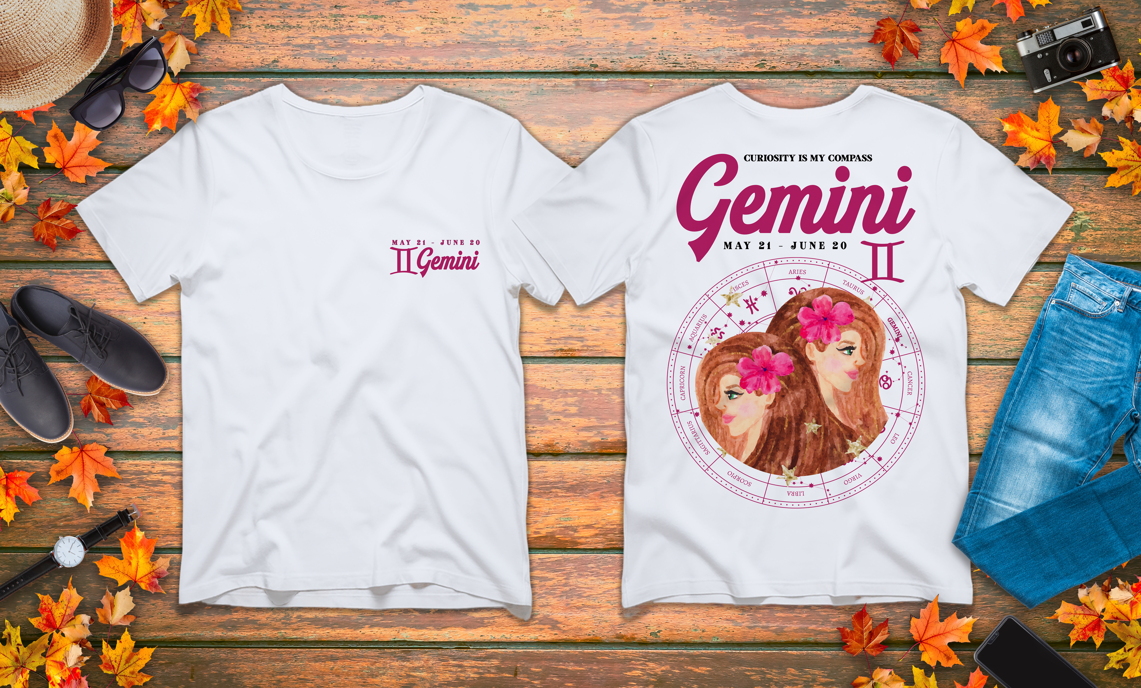 Gemini Curiosity Compass T-Shirt – Zodiac Twins with Astrological Wheel
