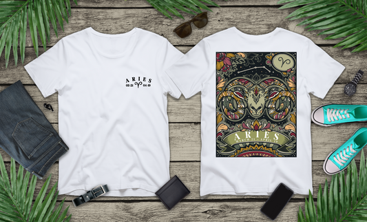 Aries Zodiac T-Shirt – Ram Head with Constellation and Floral Background
