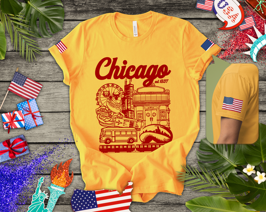 Chicago Est 1837 T-Shirt - Iconic Landmarks Yellow Red Illinois Tourist Collage