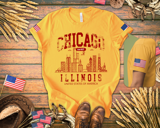 Chicago Illinois Est 1837 T-Shirt - Distressed Vintage Yellow Red Skyline USA