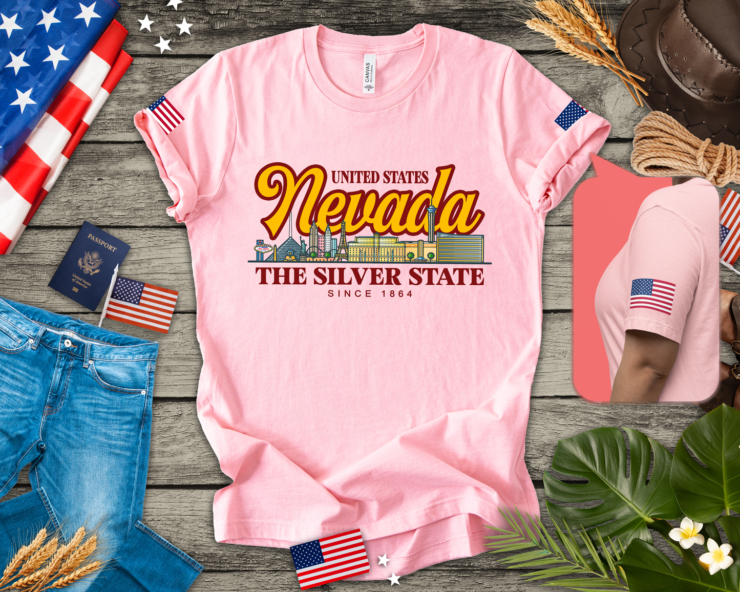 Nevada The Silver State T-Shirt - Las Vegas Skyline Pink Since 1864 USA Design