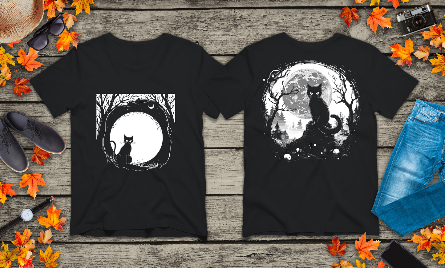 Enchanted Forest Haunted Cat Big Eyes Moonlight T-Shirt