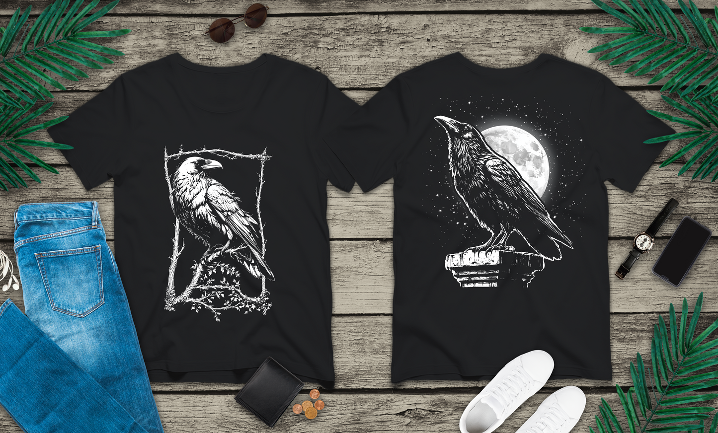 Moonlit Raven Tower Night Gothic T-Shirt