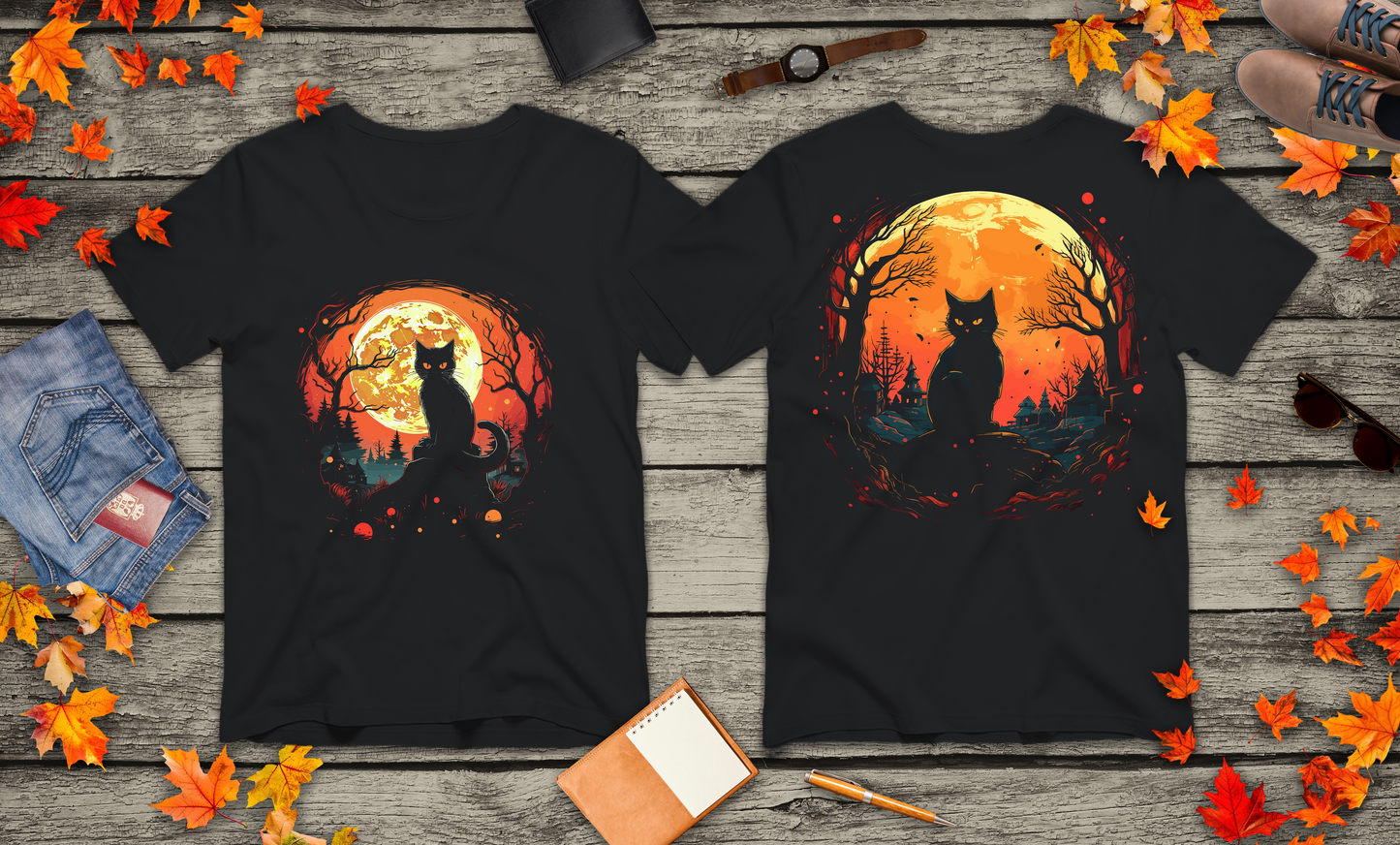 Black Cat Full Harvest Moon Halloween Night T-Shirt