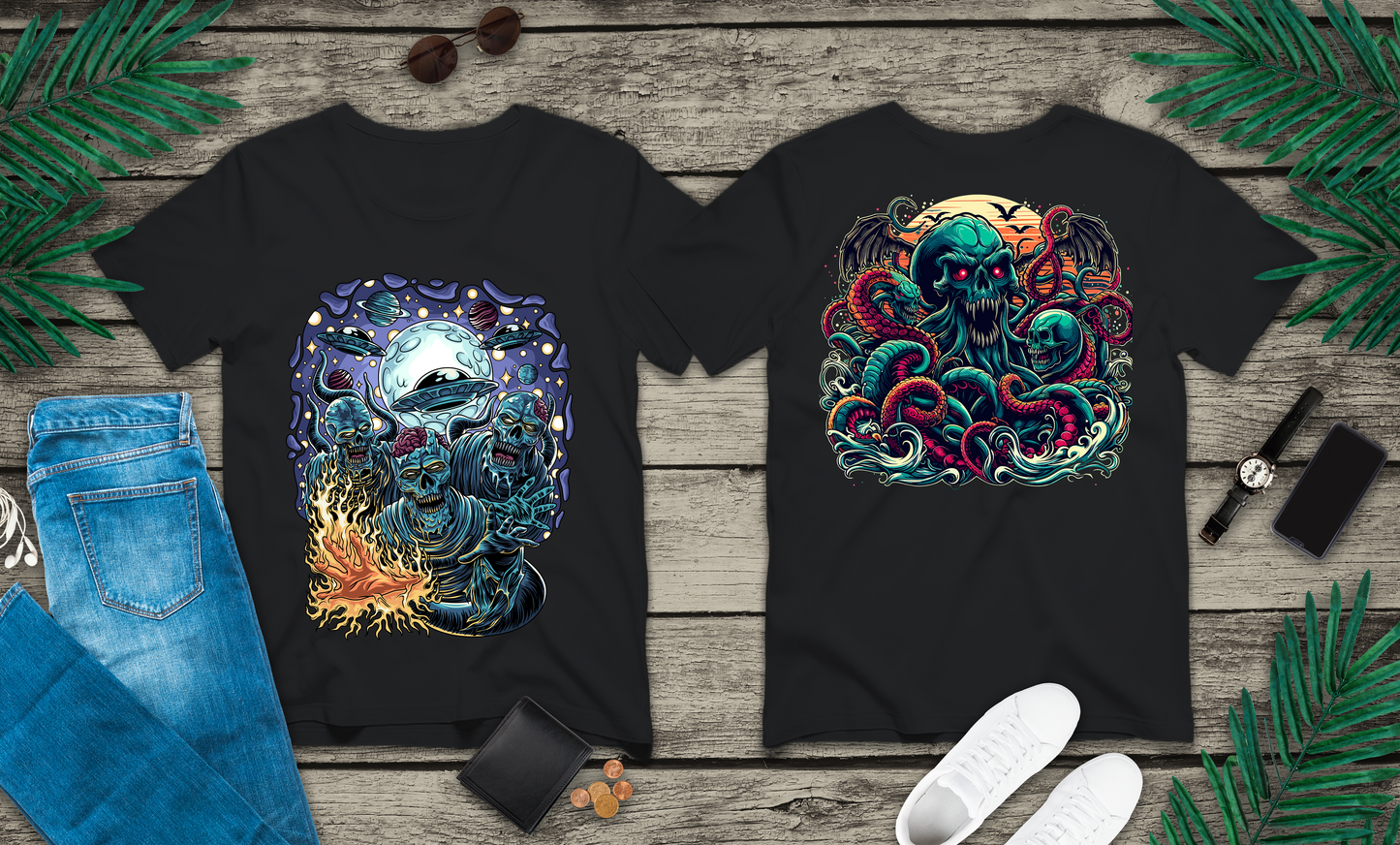 Cosmic Zombies vs Deep Sea Cthulhu Horror T-Shirt