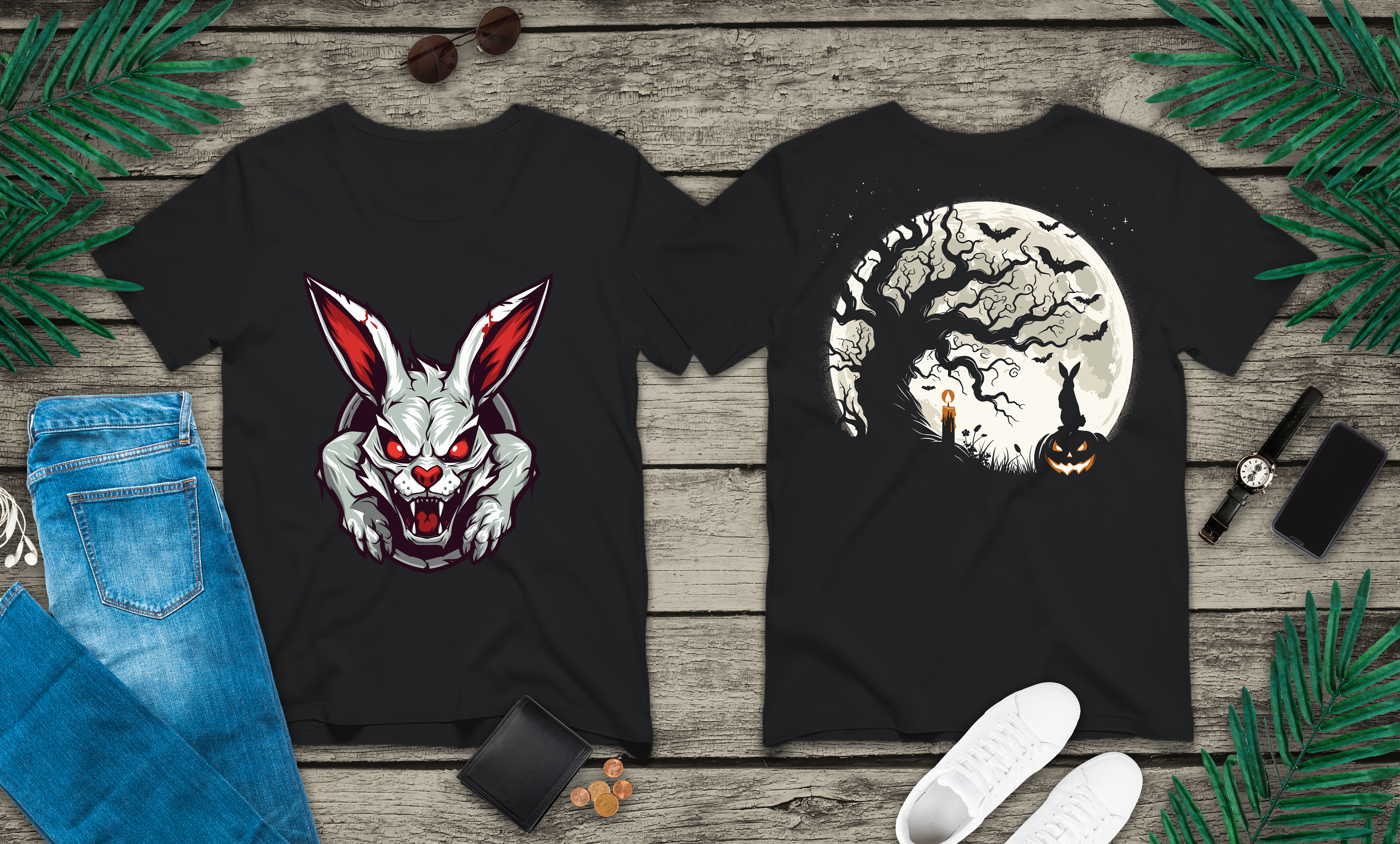 Evil Rabbit and Haunted Full Moon Halloween T-Shirt