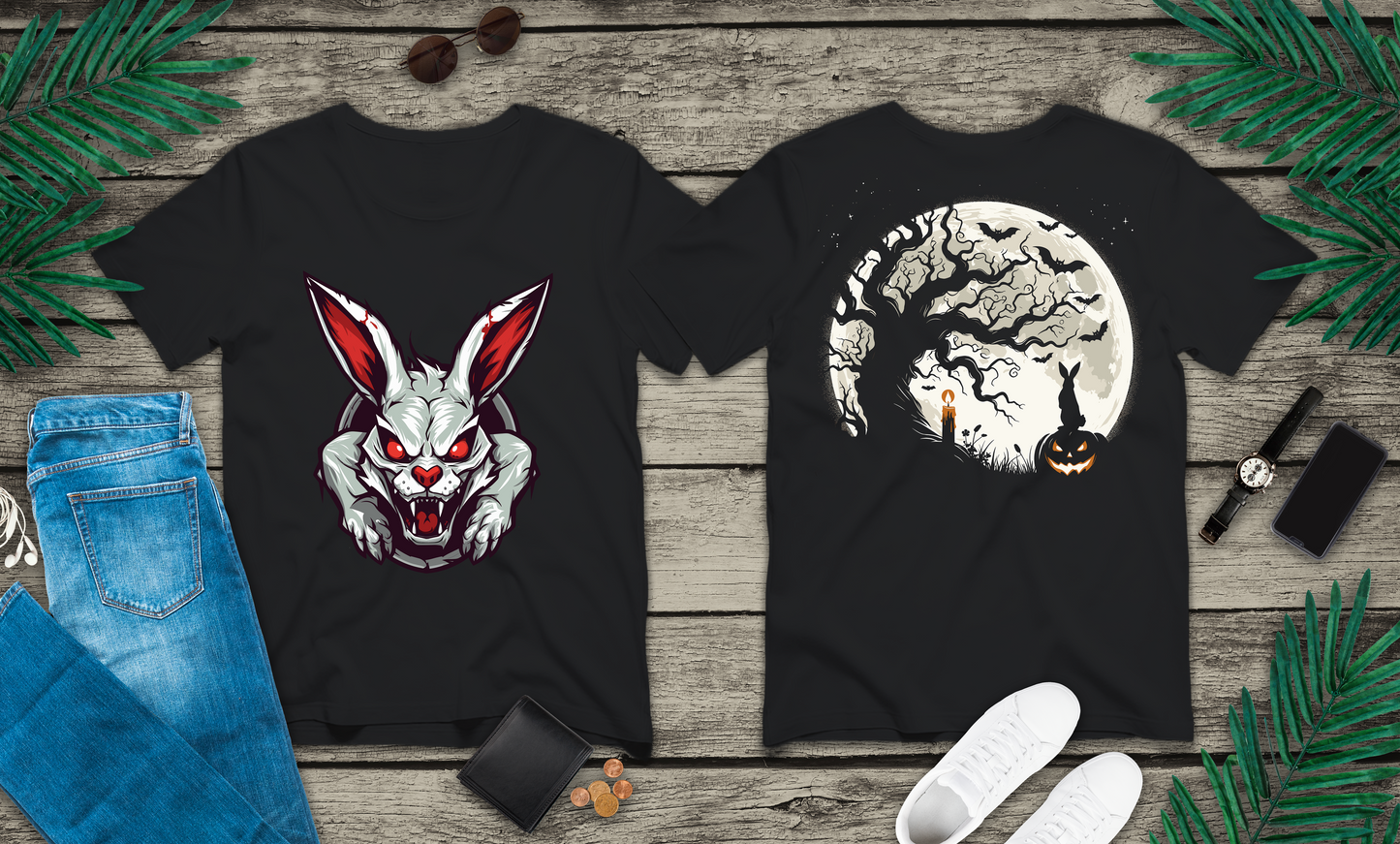 Evil Rabbit and Haunted Full Moon Halloween T-Shirt