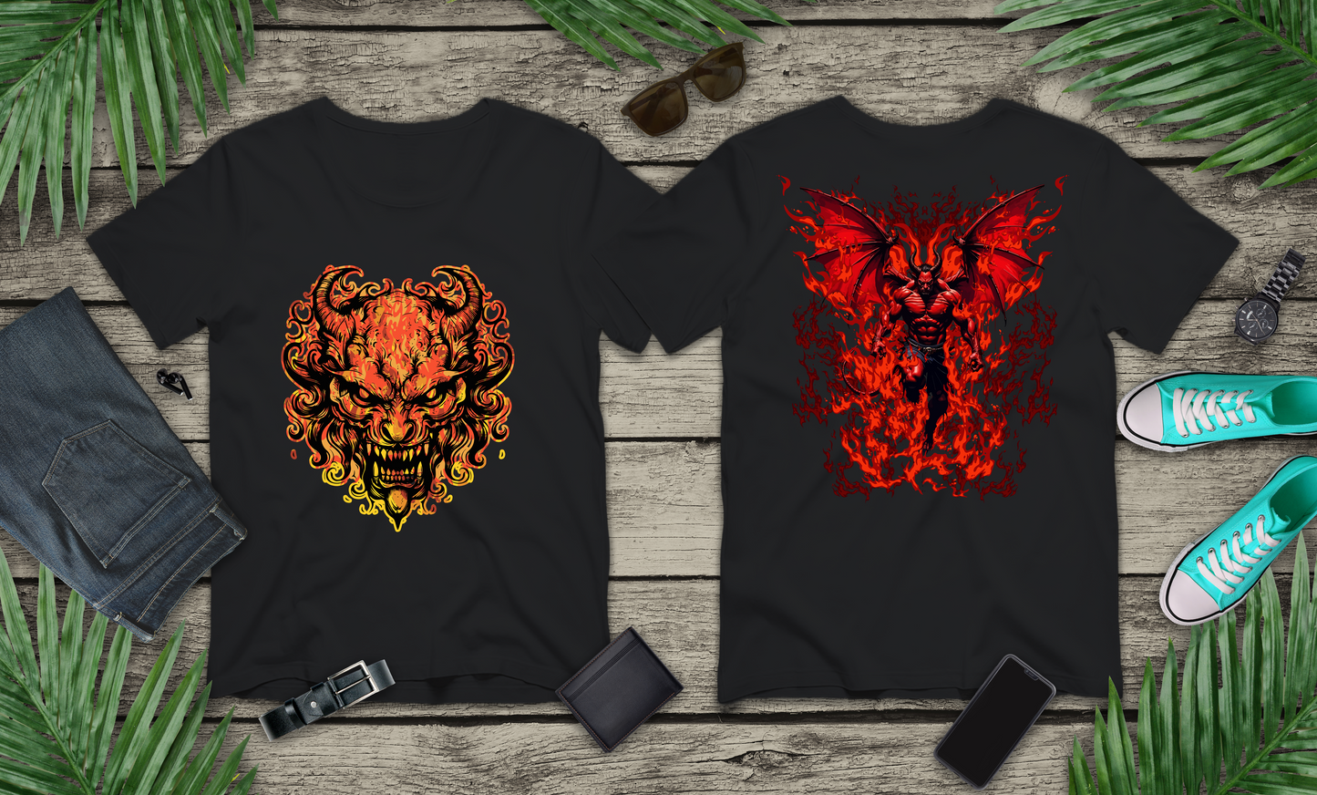 Infernal Demon Rising T-Shirt – Fire Devil Front & Winged Hellspawn Back Graphic Tee