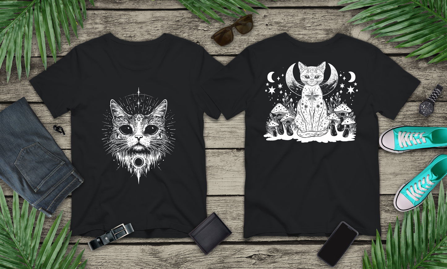 Mystic Moon Cat and Magic Mushrooms T-Shirt