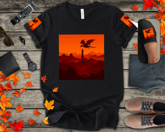 Dragon Sunset T-Shirt – Silhouette Flying Dragon Mountain Landscape Fantasy Graphic Tee