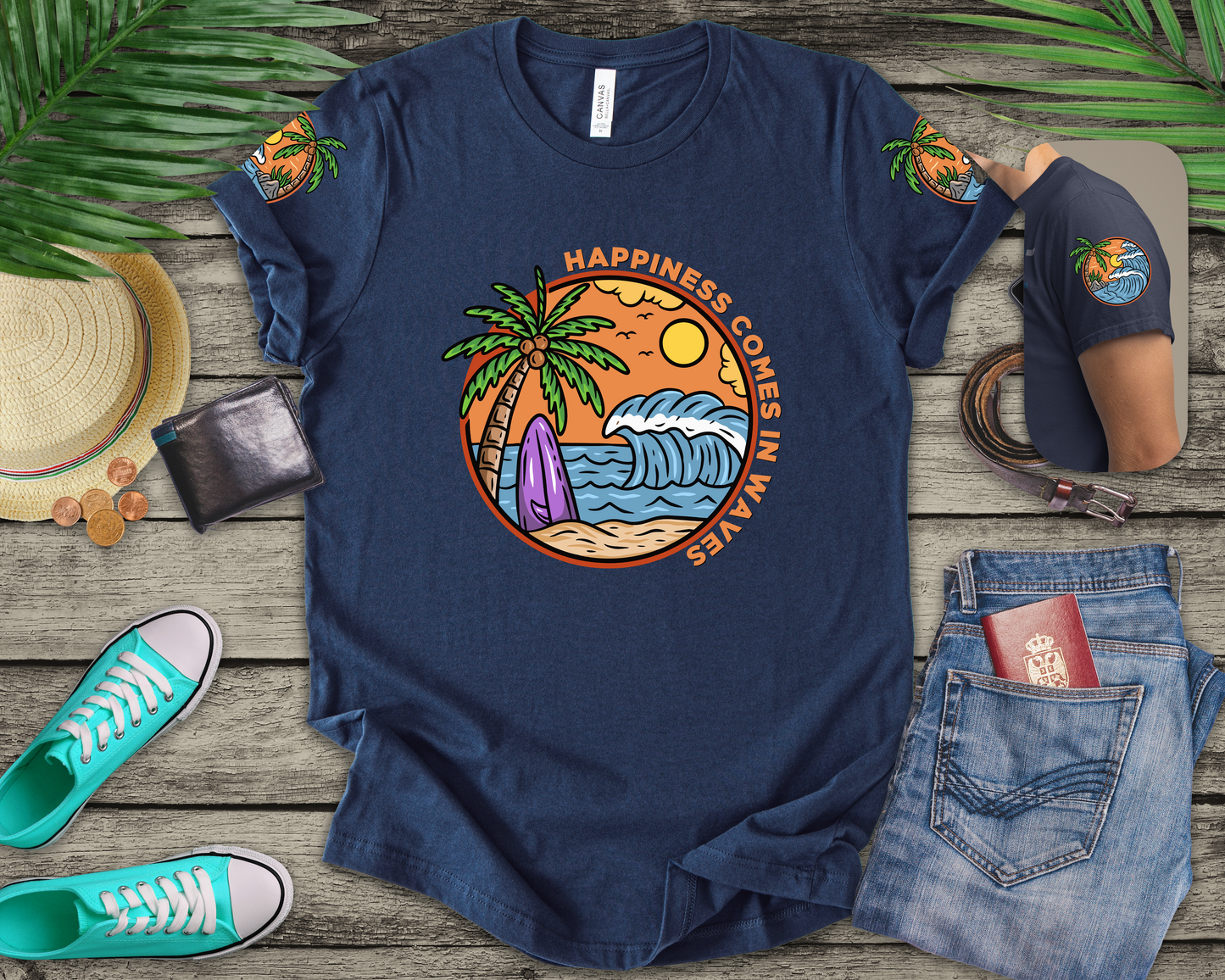Happiness Comes in Waves T-Shirt – Beach Surf Palm Tree Ocean Graphic Tee