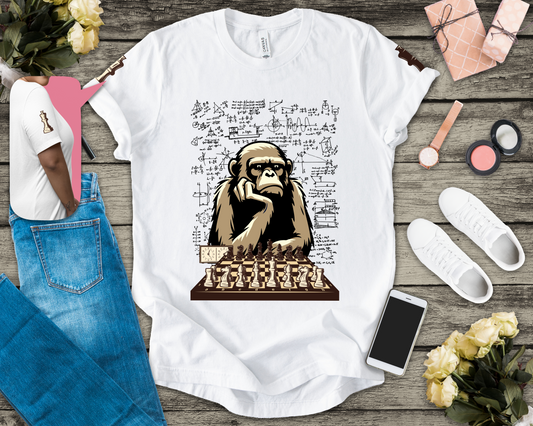Thinking Monkey Chess T-Shirt – Intelligent Chimp Mathematical Formulas Graphic Tee