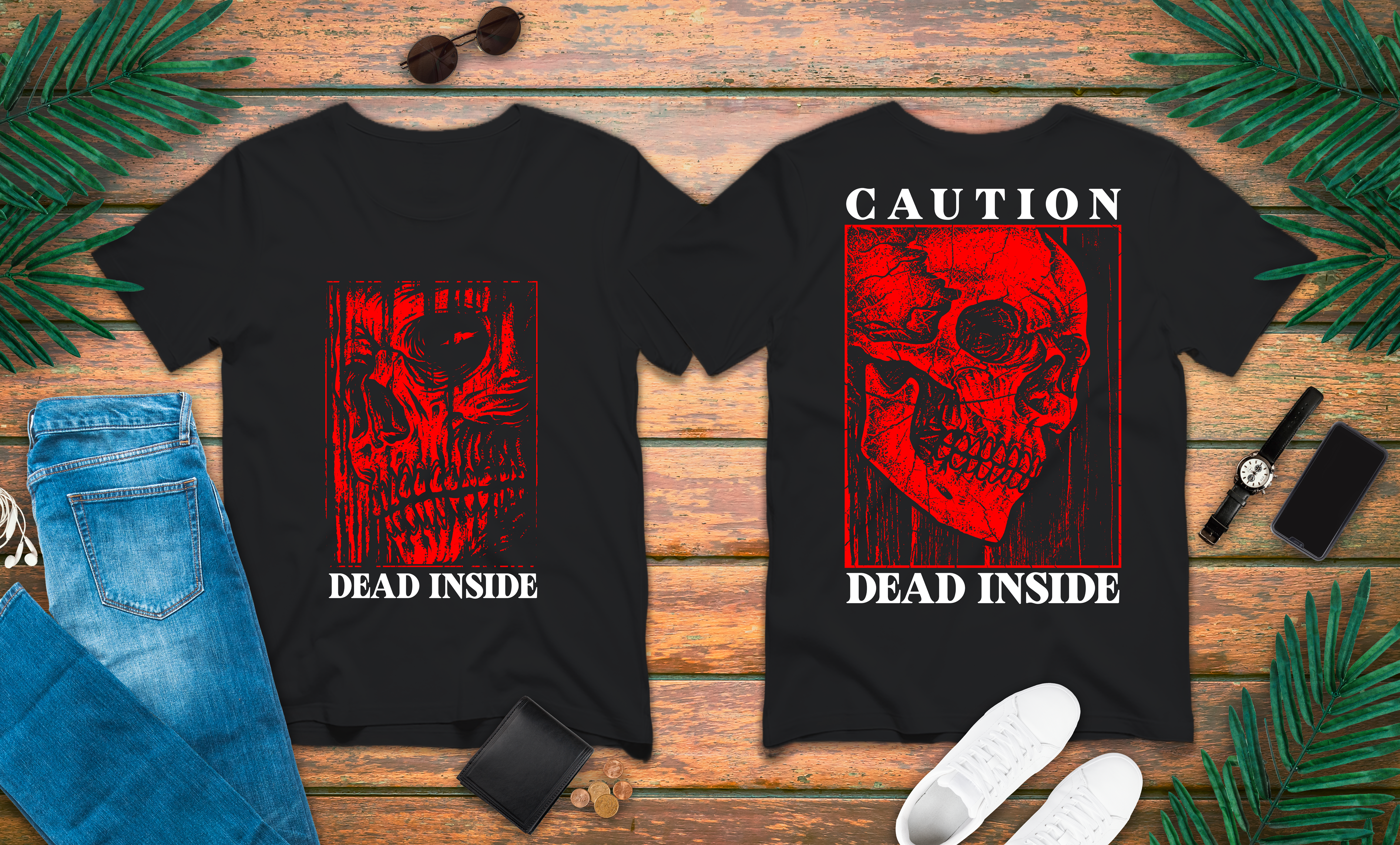 Caution Dead Inside Red Skull Horror T-Shirt