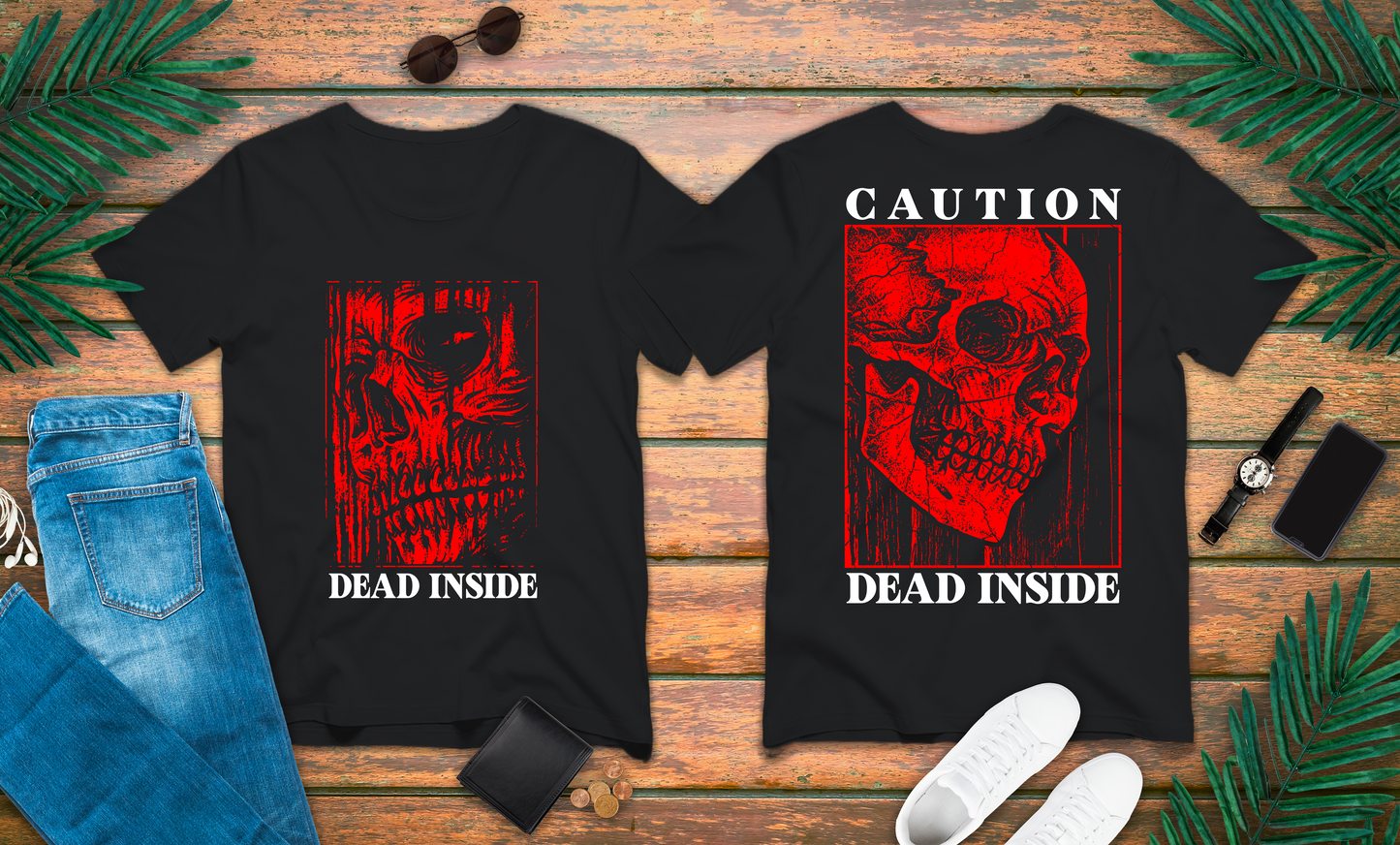 Caution Dead Inside Red Skull Horror T-Shirt