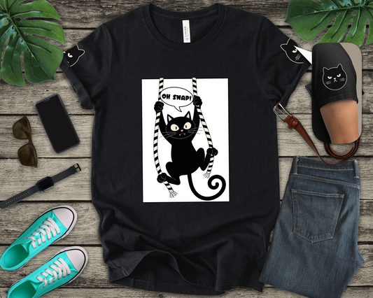 Oh Snap Funny Cat T-Shirt – Cat Hanging from Blinds Mischievous Kitten Humor Graphic Tee