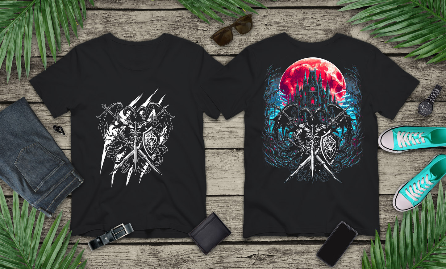 Blood Moon Dark Castle Paladin Swords Fantasy T-Shirt