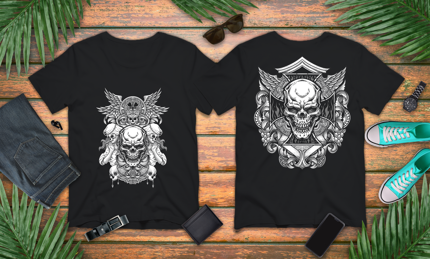 Gothic Winged Skull Ornamental Horror T-Shirt