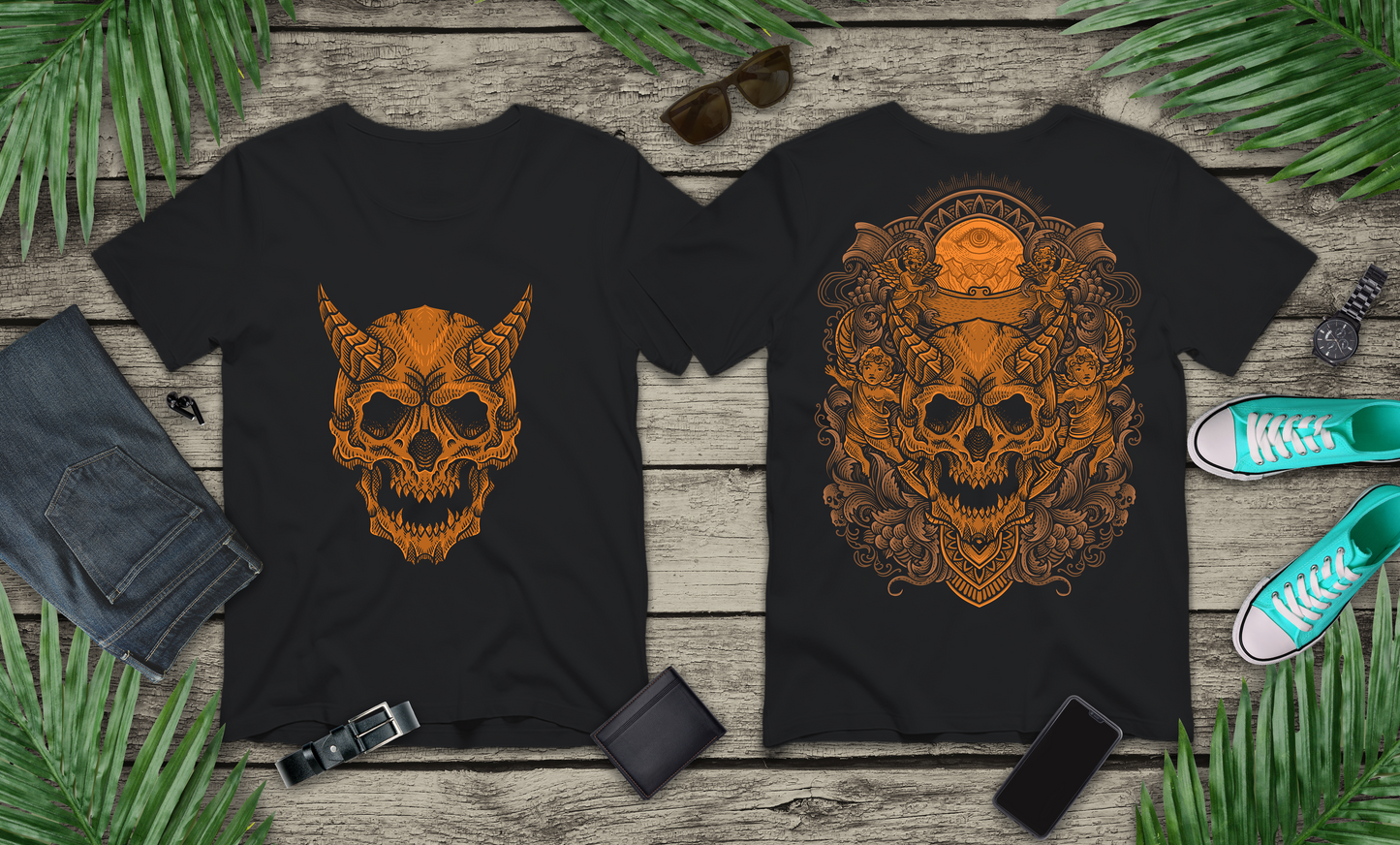 Horned Demon Skull Ornamental Horror T-Shirt