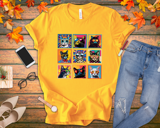 Cool Cats Pop Art Sunglasses Tshirt – Nine Retro Kitty Squares