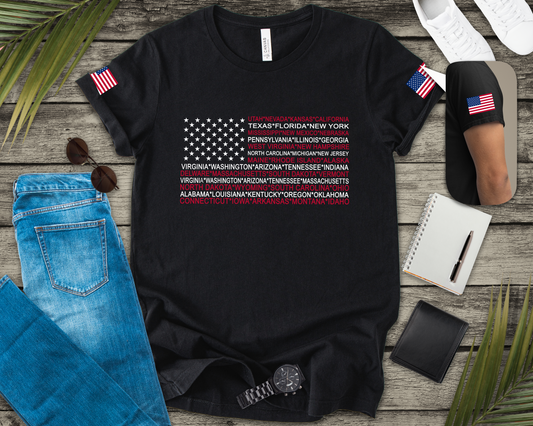 American Flag 50 States T-Shirt – All State Names USA Patriotic Typography Graphic Tee