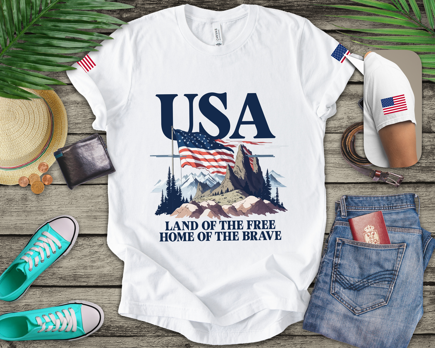 USA Land of the Free Home of the Brave T-Shirt – Mountain Flag Nature Patriotic Graphic Tee