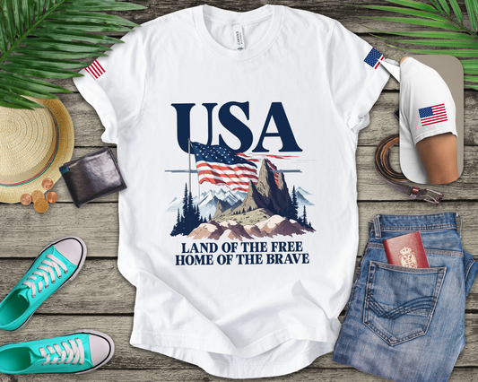 USA Land of the Free Home of the Brave T-Shirt – Mountain Flag Nature Patriotic Graphic Tee