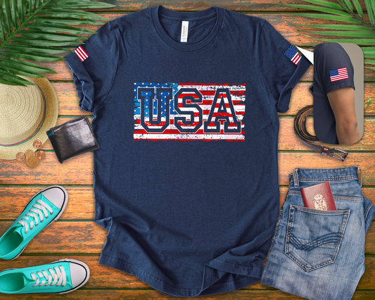 USA Vintage Collegiate T-Shirt – Retro American Flag Typography Graphic Tee
