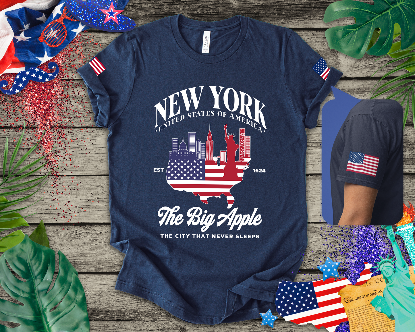 New York The Big Apple T-Shirt - NYC Skyline USA Flag Design Est 1624
