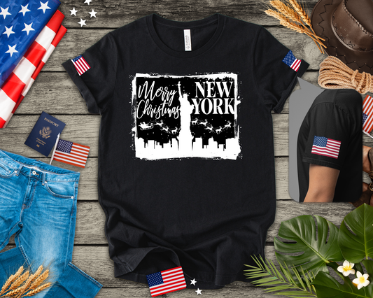 Merry Christmas New York T-Shirt - NYC Holiday Skyline with Santa & Statue of Liberty