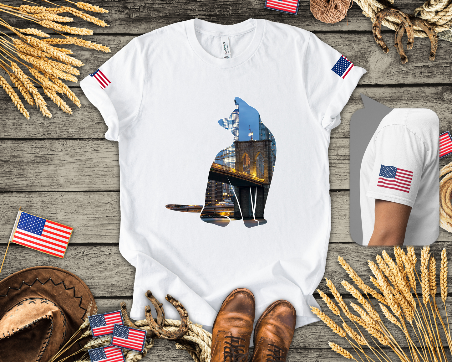 NYC Cat Silhouette T-Shirt - New York City Skyline in Cat Shape Brooklyn Bridge Design