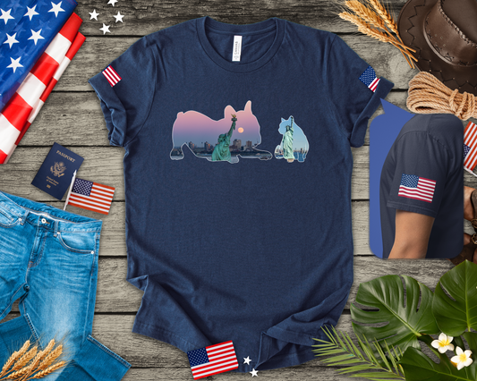 NYC Pets T-Shirt - Cat & Dog Silhouettes with New York City Skyline Brooklyn Bridge
