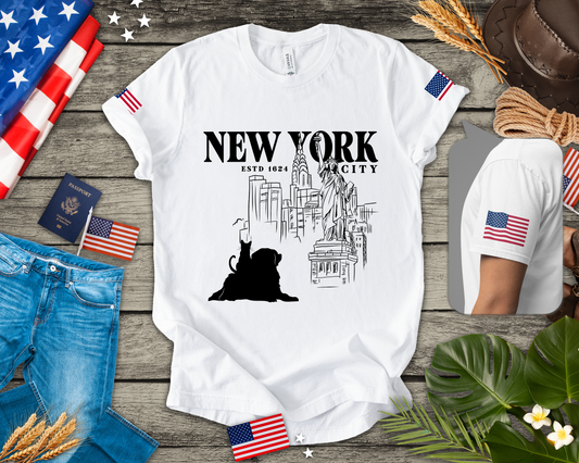 New York City Cat Dog T-Shirt - NYC Est. 1624 Sketch Art with Brooklyn Bridge & Liberty