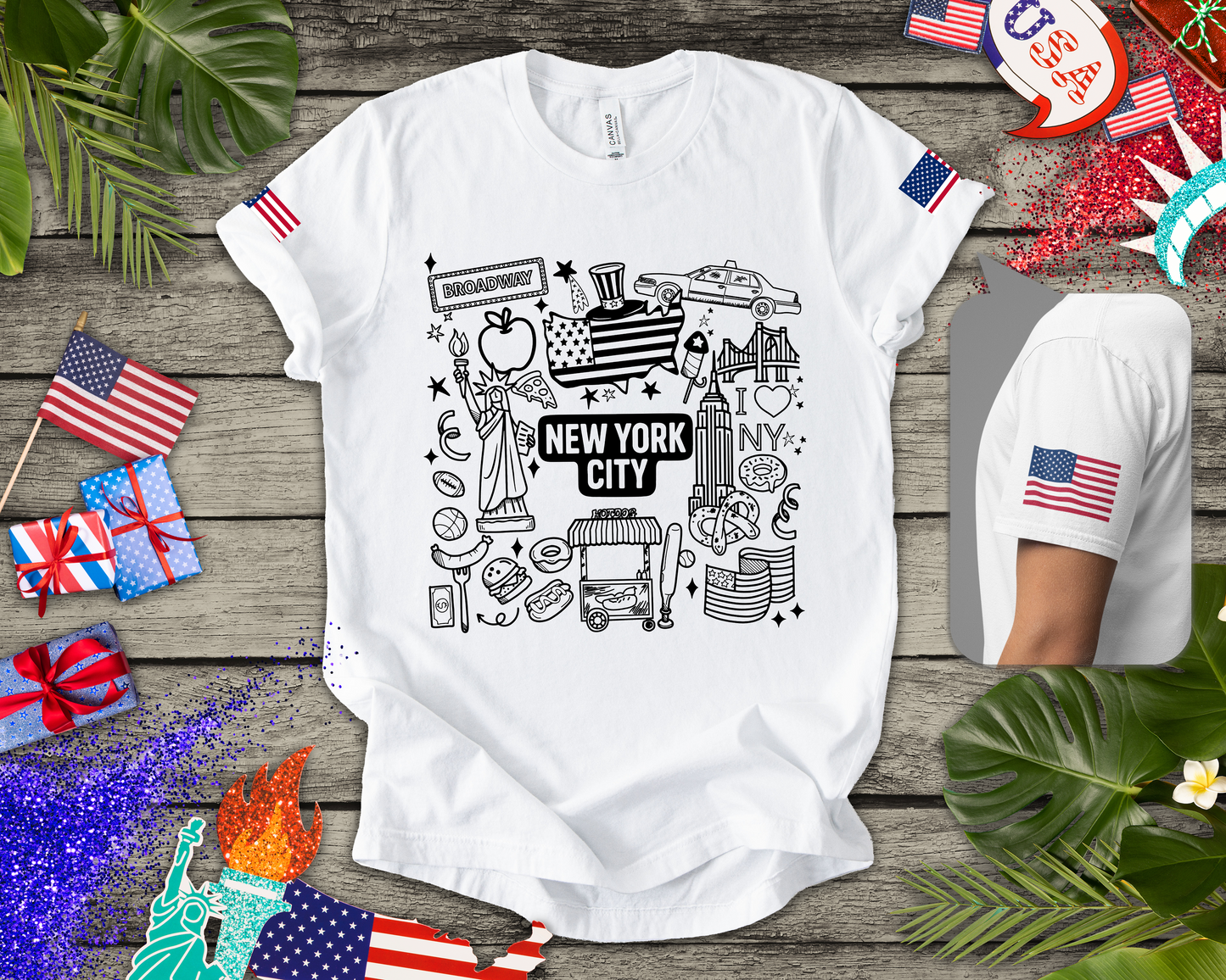 New York City Doodle T-Shirt - Cute NYC Icons Coloring Book Style Tourist Design