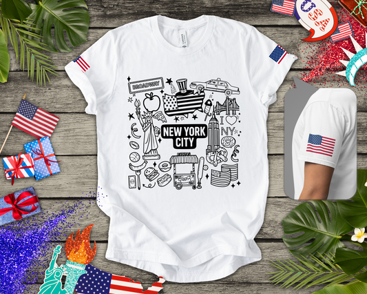 New York City Doodle T-Shirt - Cute NYC Icons Coloring Book Style Tourist Design