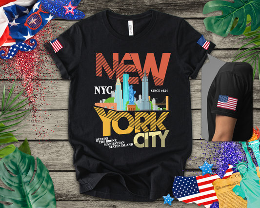New York City Modern Typography T-Shirt - Bold NYC Skyline Colorful Boroughs Design