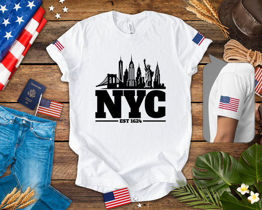 NYC Skyline Silhouette T-Shirt - Black & White New York City Est 1624 Minimalist