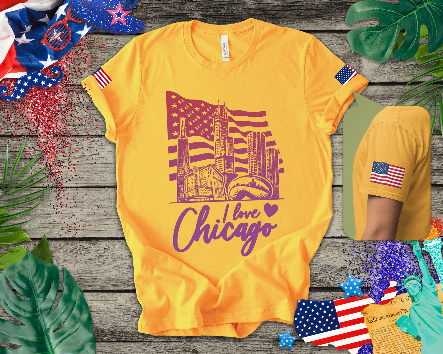 I Love Chicago T-Shirt - Chicago Flag Heart Purple Script Illinois City Pride