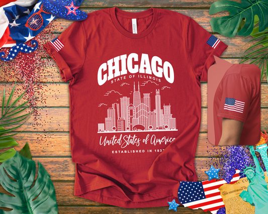 Chicago Illinois T-Shirt - State of Illinois Est 1837 White Skyline Design