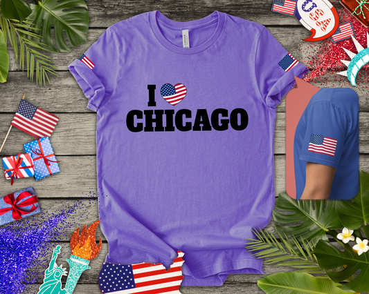 I Love Chicago T-Shirt - Classic USA Flag Heart Black Simple City Pride Design