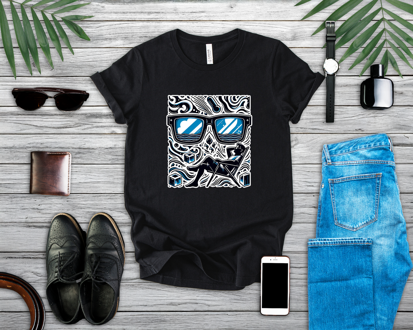 Abstract Relaxation | Man in Chair with Sunglasses Graphic T-Shirt