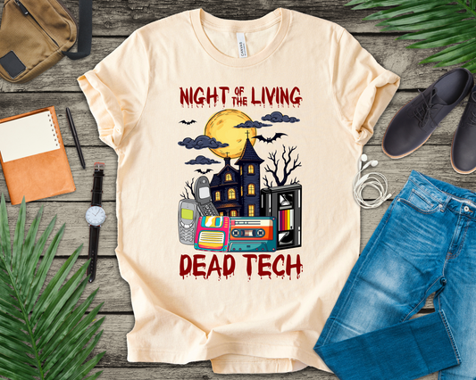 Night of the Living, Dead Tech Tshirt – Haunted Building & Retro Gadgets