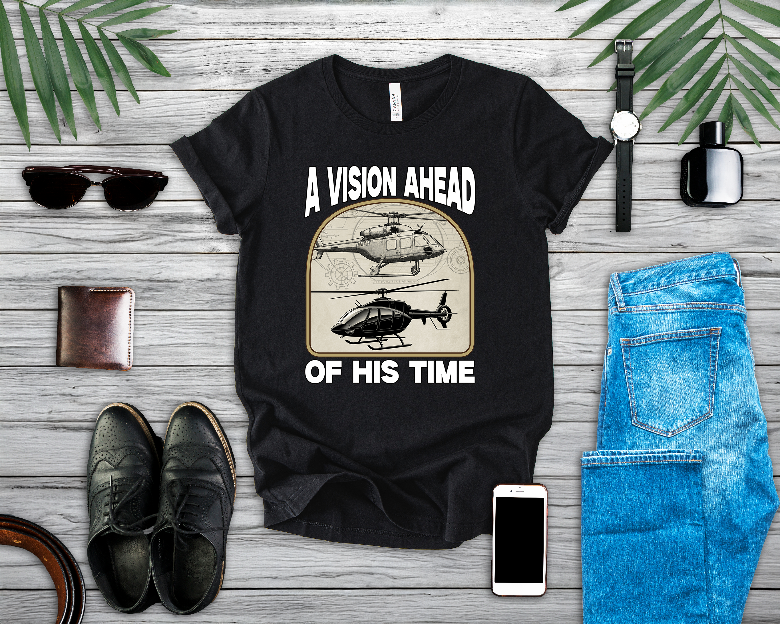 A Vision Ahead of His Time Tshirt – Da Vinci’s Helicopter and Modern Chopper Graphic