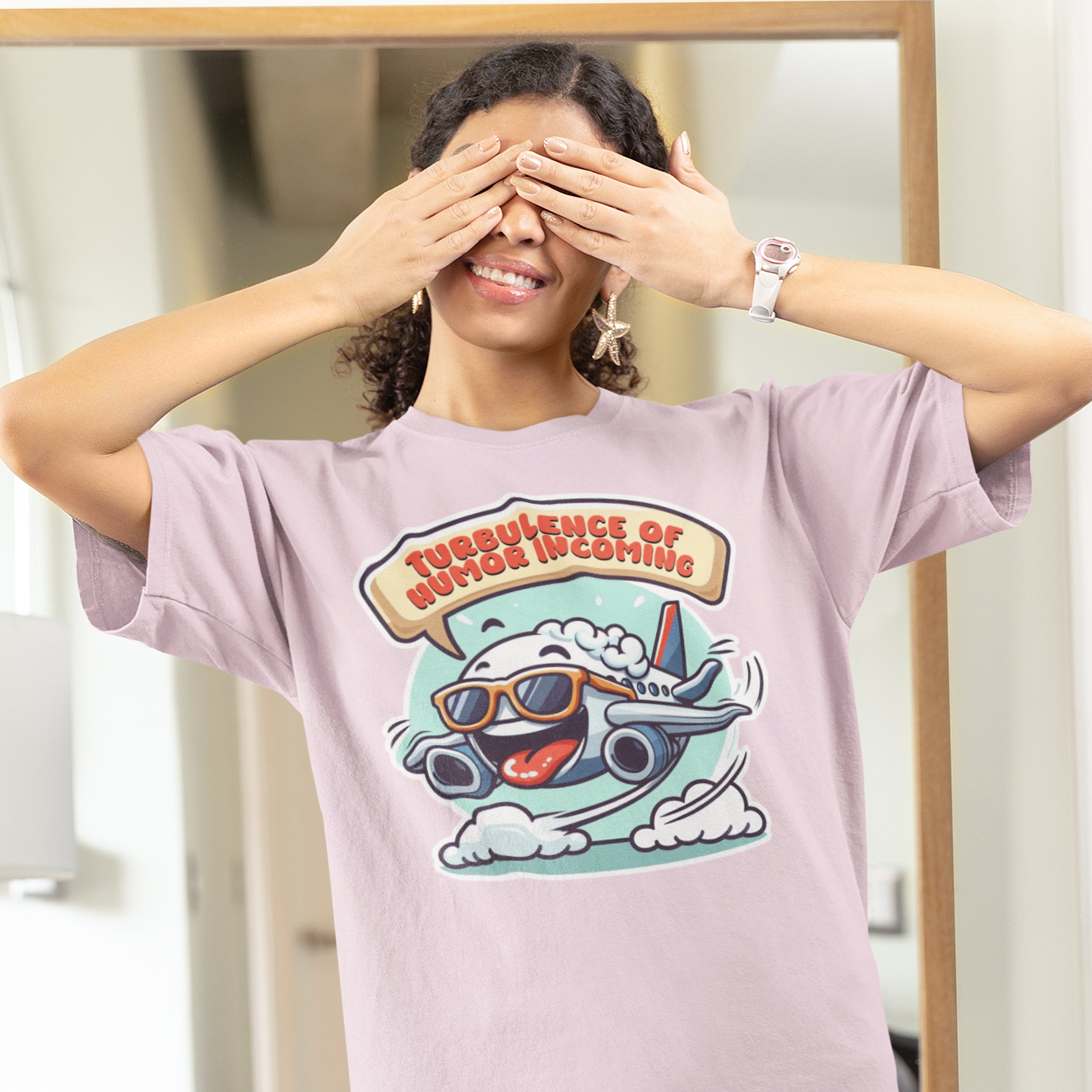 Turbulence of Humor Coming | Flight Landing with Smiling Face & Sunglasses Graphic T-Shirt